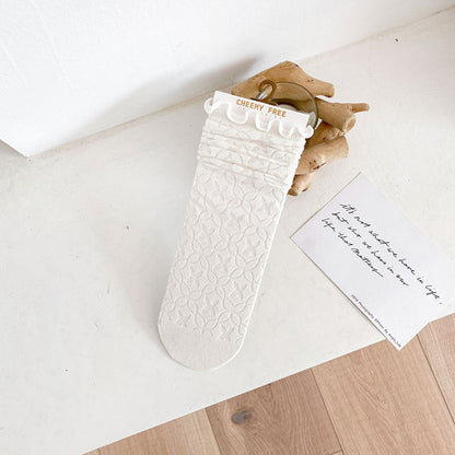 1 pair of socks for women summer thin black middle tube socks Japanese lace ballet style socks mesh breathable pile socks