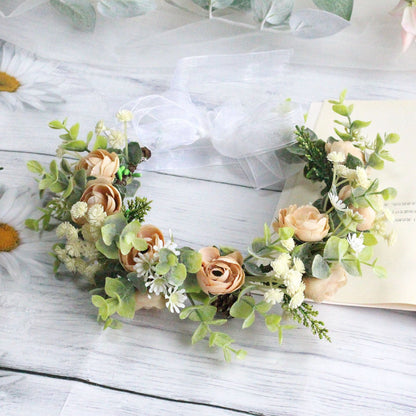 Forest style curled edge rose headband, simulated starry sky, eucalyptus wreath, bride&