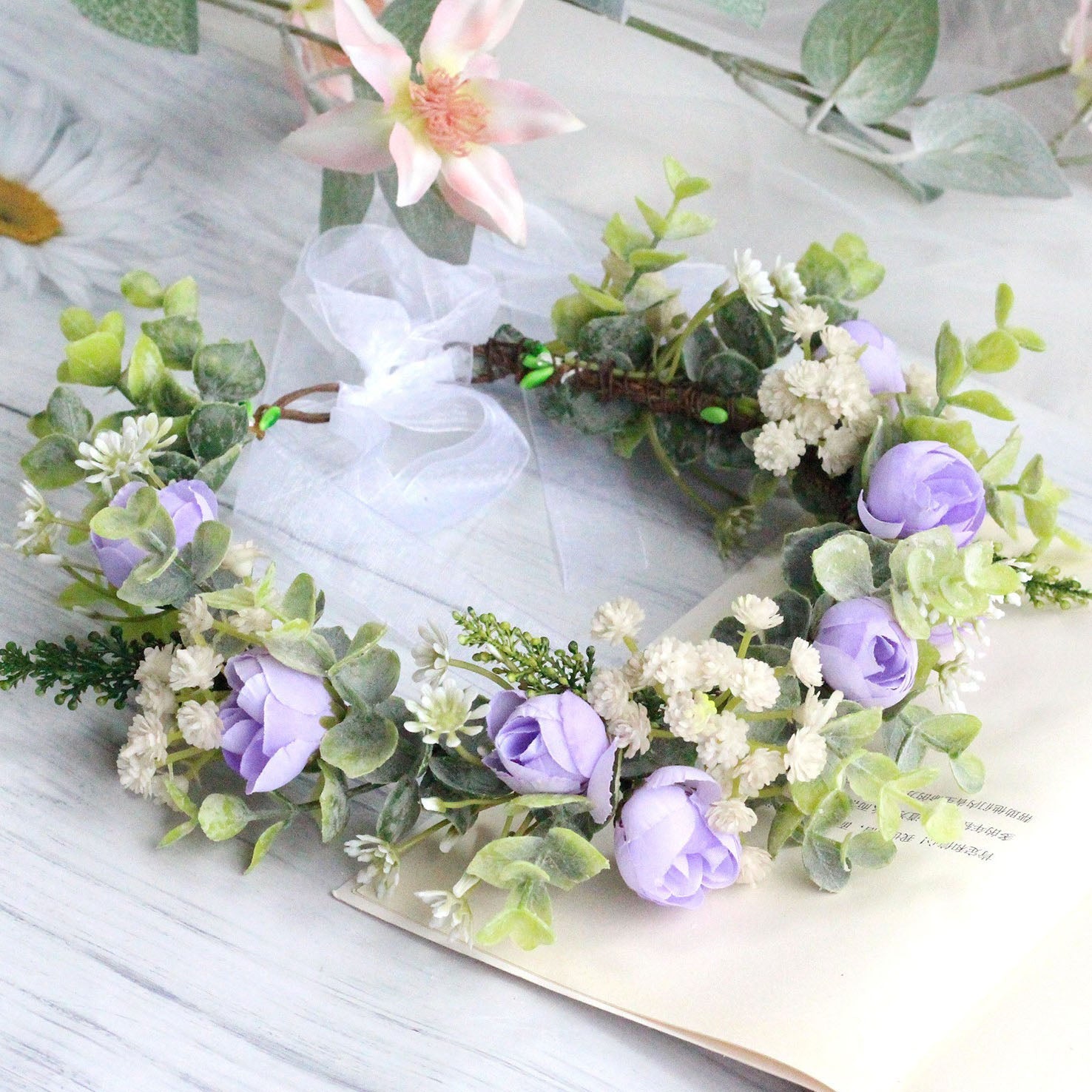 Forest style curled edge rose headband, simulated starry sky, eucalyptus wreath, bride&