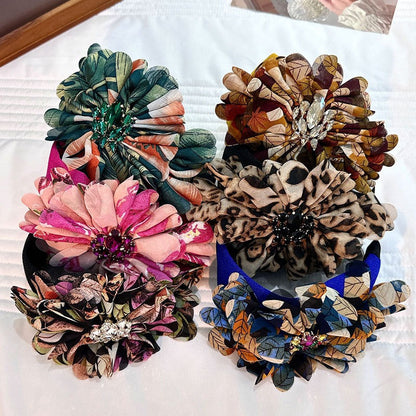 Handmade diamond inlaid fabric flower with teeth and anti slip exaggerated headband for women