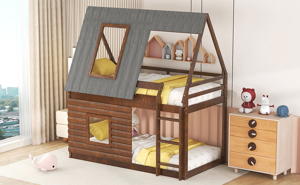 Wood Twin Size House Bunk Bed with Roof, Ladder and 2 Windows, Oak &amp; Smoky Grey