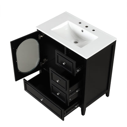 30" Bathroom Vanity with Sink, Bathroom Vanity Cabinet with Three Drawers and Door, Solid Wood and MDF, Black