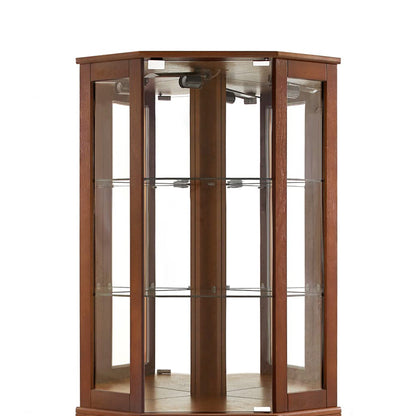 6 shelves corner Curio display cabinet with light mirror and adjustable shelves, walnut wood (excluding E26 light bulbs)