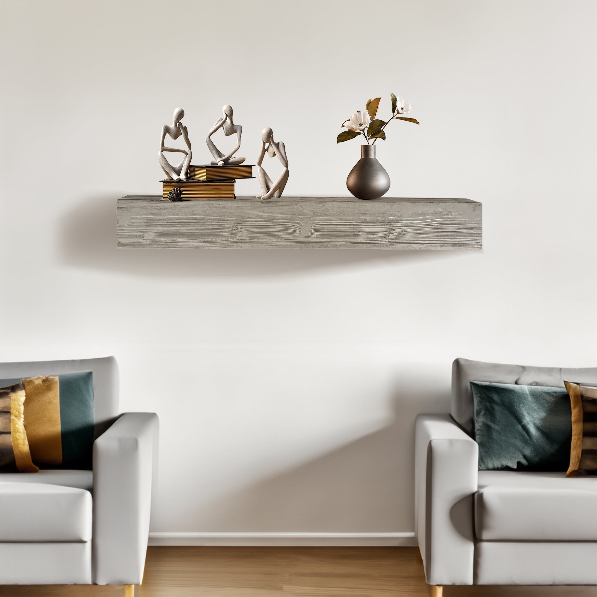 60" Rustic Wood Fireplace Mantel,Wall-Mounted &amp; Floating Shelf for Home Decor grey