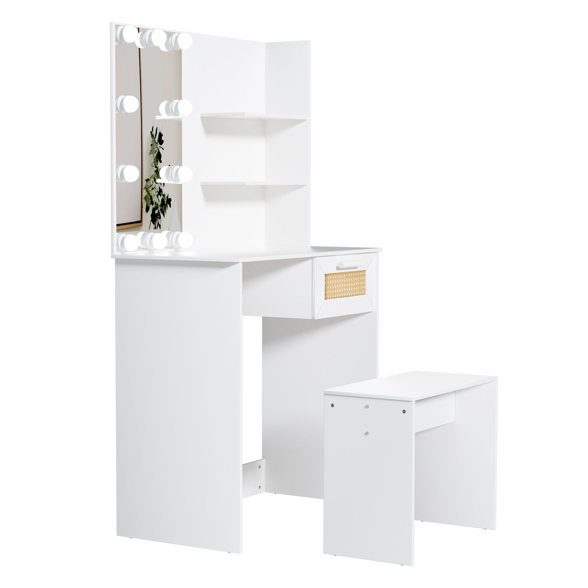 Vanity Desk Set Stool &amp; Dressing Table with LED Lighting Mirror Drawer and Wood Cosmetic Table Chest of Drawers White Color