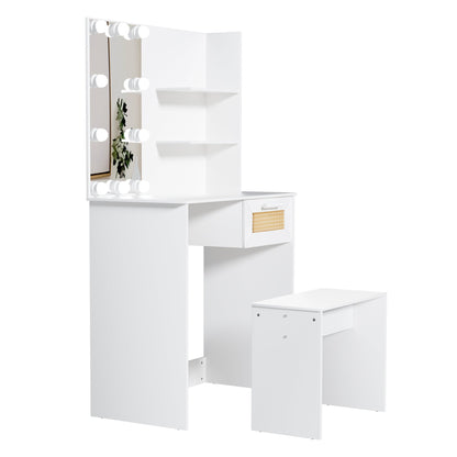 Vanity Desk Set Stool &amp; Dressing Table with LED Lighting Mirror Drawer and Wood Cosmetic Table Chest of Drawers White Color