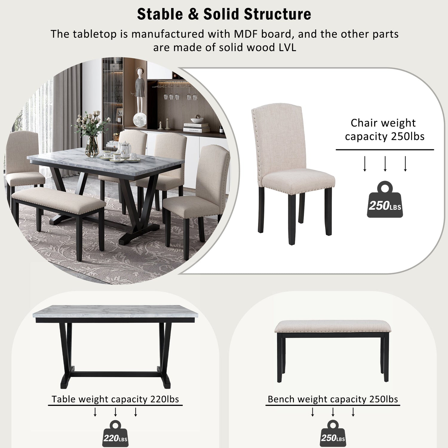TREXM Modern Style 6-piece Dining Table with 4 Chairs &amp; 1 Bench (White)