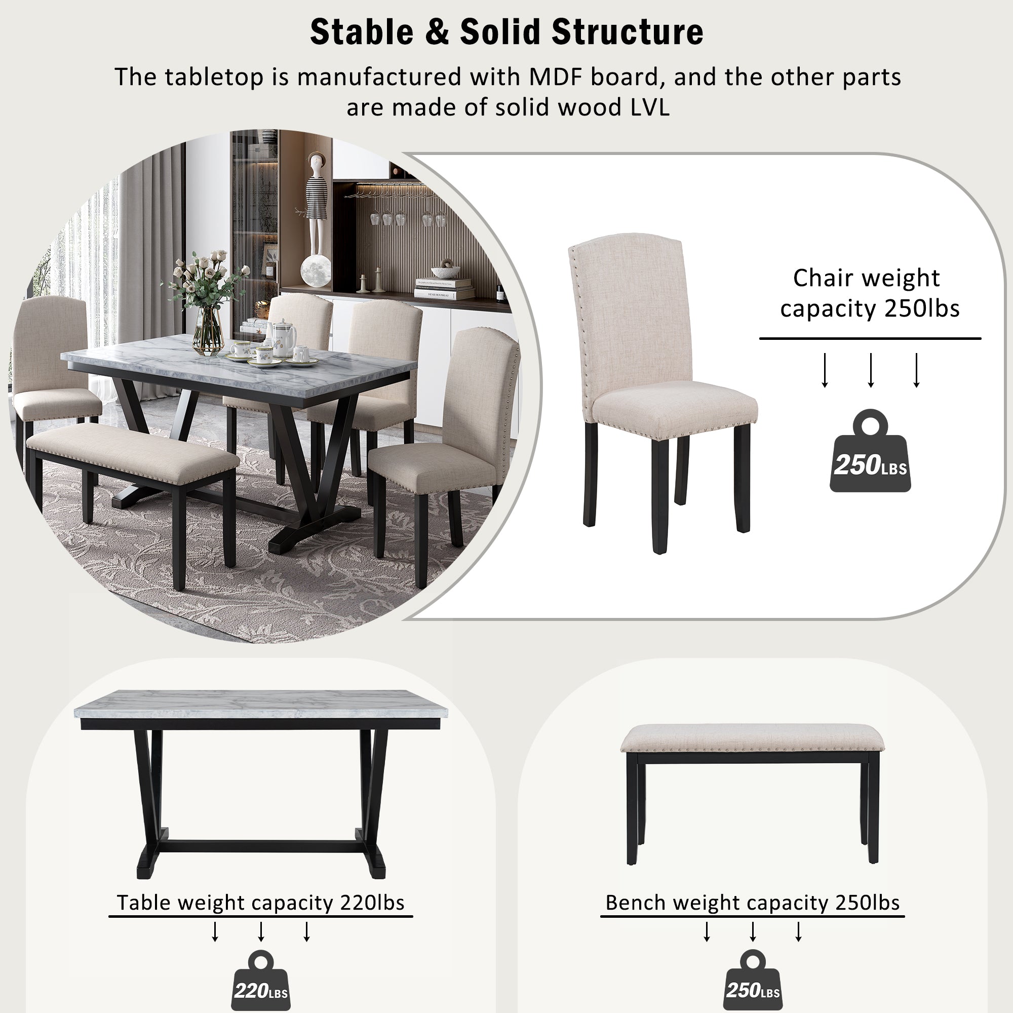 TREXM Modern Style 6-piece Dining Table with 4 Chairs &amp; 1 Bench (White)