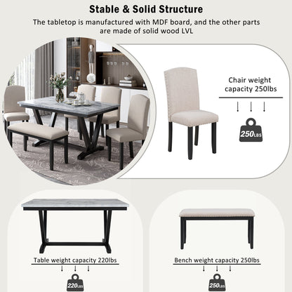 TREXM Modern Style 6-piece Dining Table with 4 Chairs &amp; 1 Bench (White)
