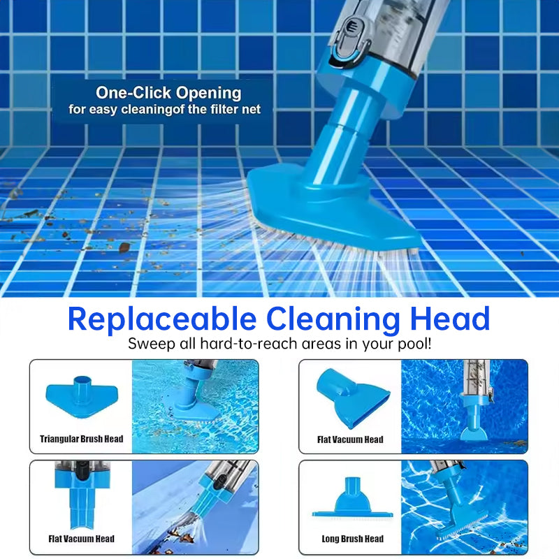 Rechargeable hand pool vacuum for spas/hot tubs/small pools, with auto immersion detector &amp; bristle nozzle.