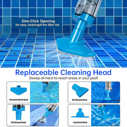Rechargeable hand pool vacuum for spas/hot tubs/small pools, with auto immersion detector &amp; bristle nozzle.