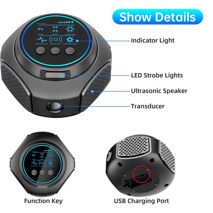 4-in-1 ultrasonic rodent repellent, 360° electronic rat repellent, repels indoor flies, cockroaches &amp; mosquitoes.