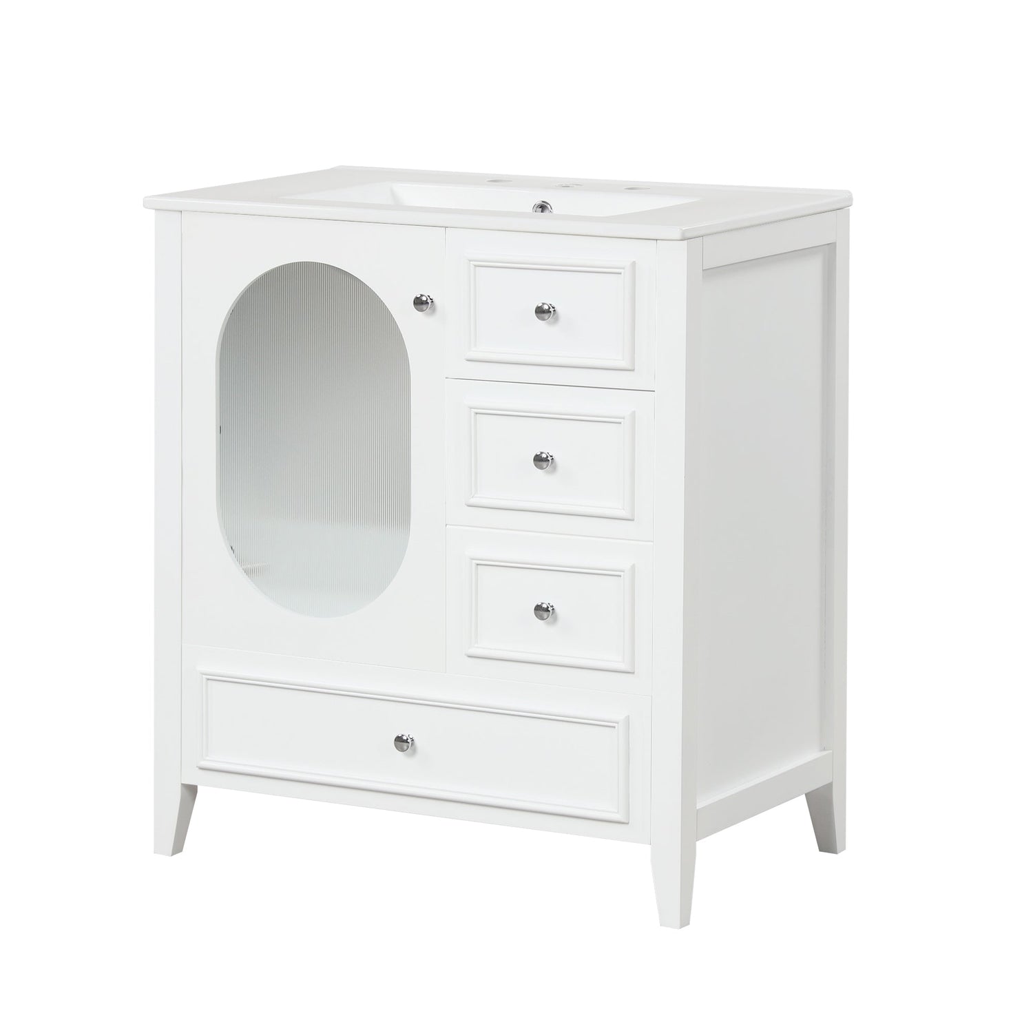30" Bathroom Vanity with Sink, Bathroom Vanity Cabinet with Three Drawers and Door, Solid Wood and MDF, White