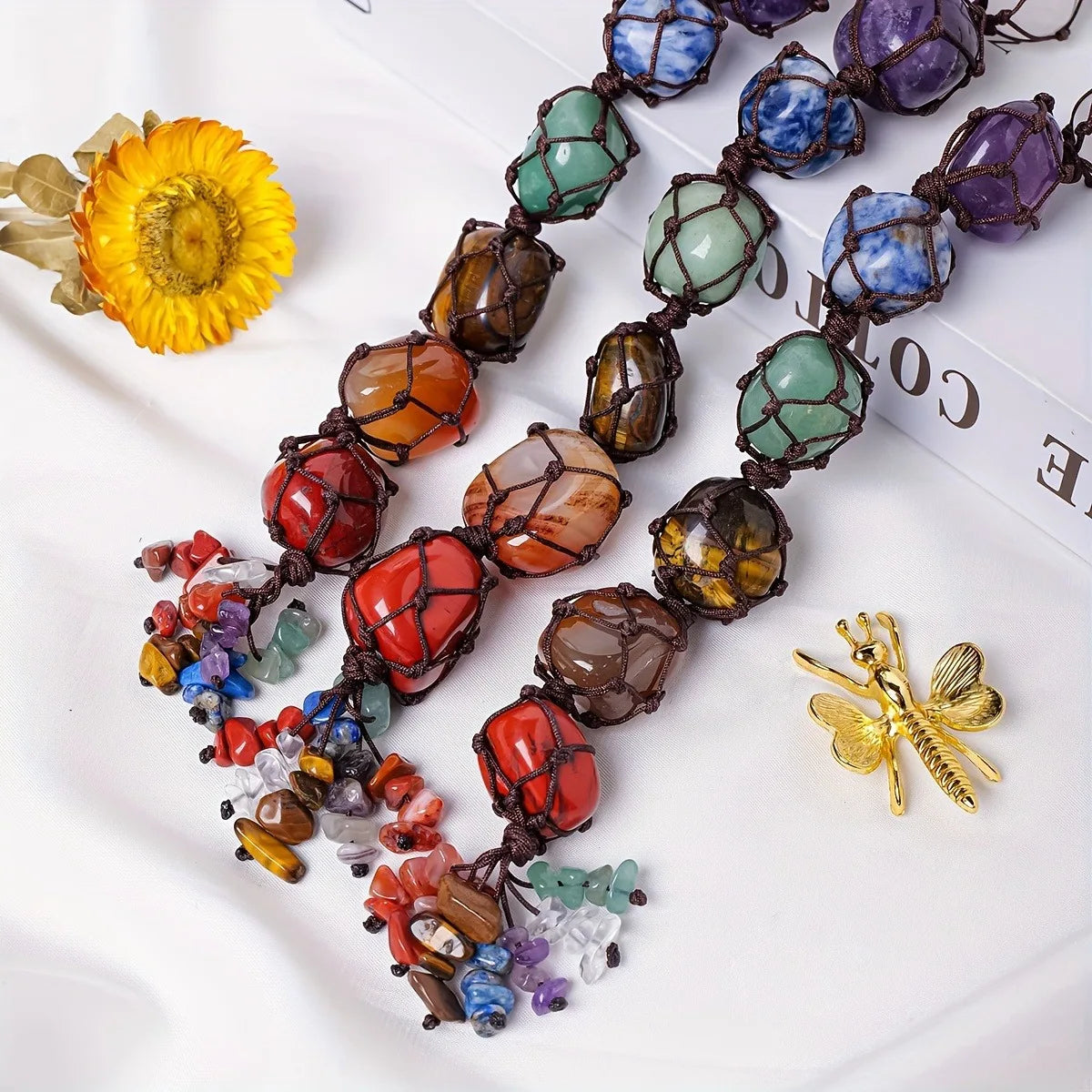 Natural crystal seven color rolling stone car hanging hand woven energy stone shaped mesh bag pendant
