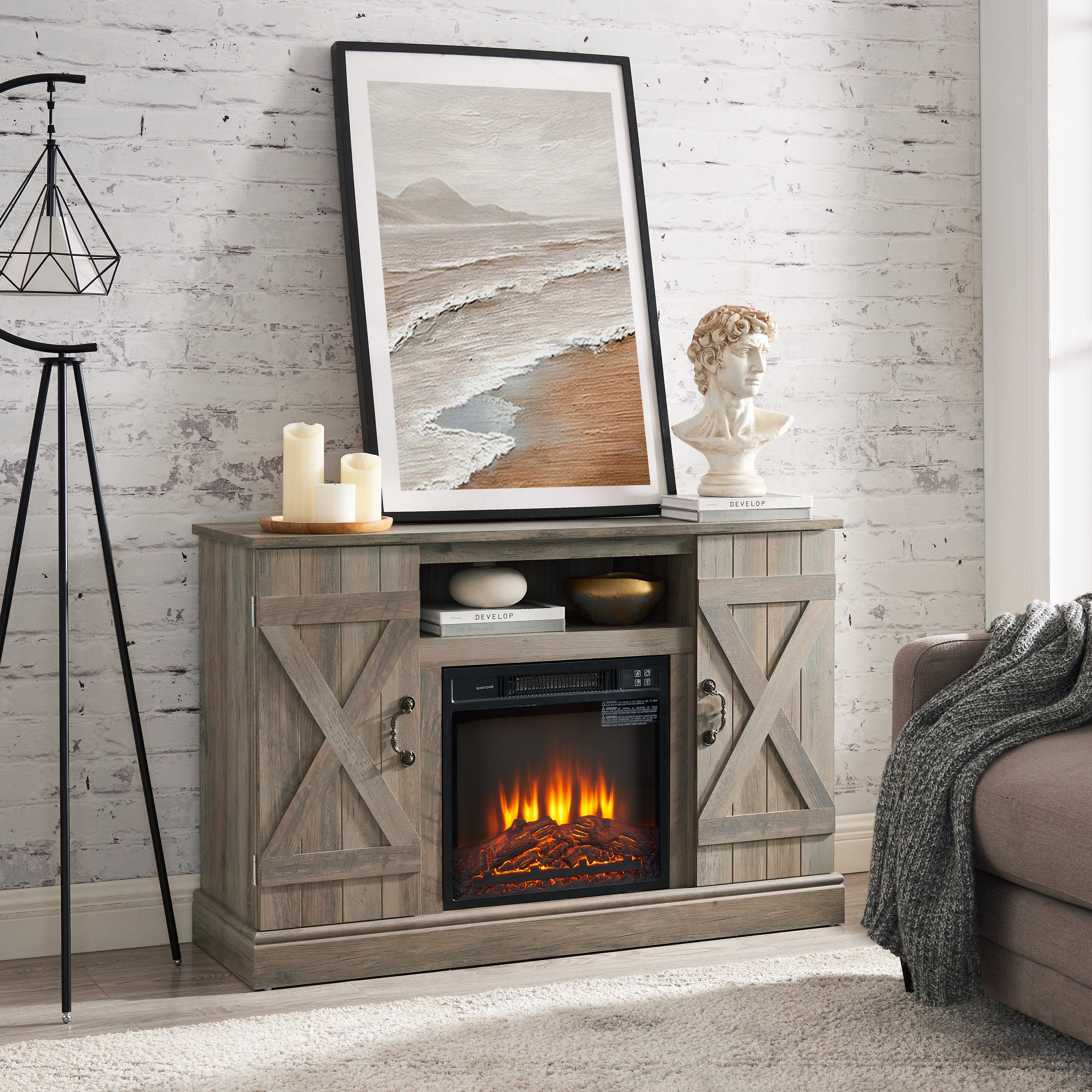 Farmhouse Classic Media TV Stand Antique Entertainment Console with 18" Electric Fireplace Insert for TV up to 50" with Open