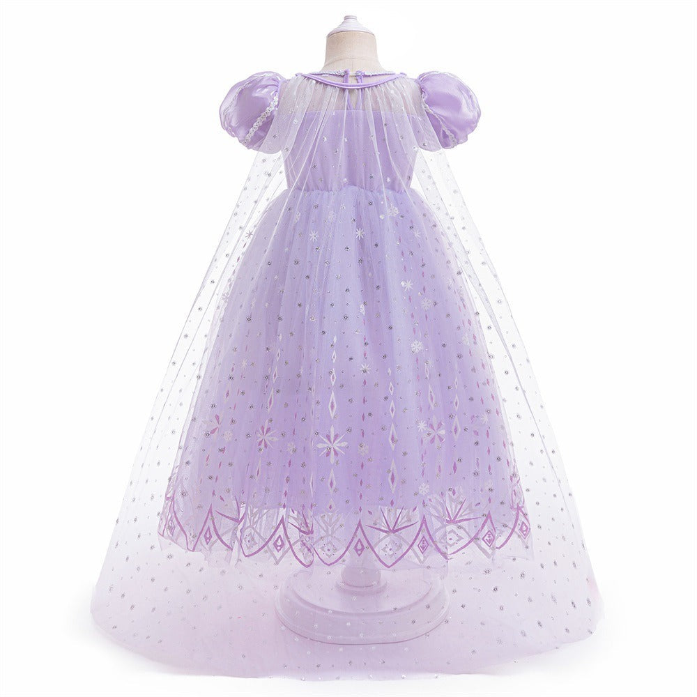 Frozen 2 Elsa Princess Dress Purple Bubble Sleeves Pearl Mesh Girls&