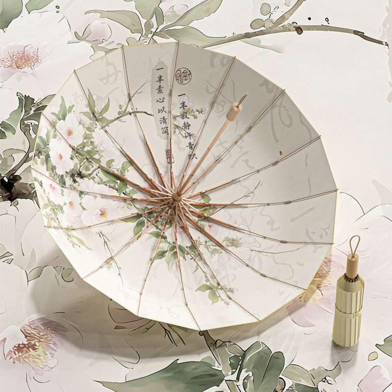 16-rib color rubber &amp; gold aluminum alloy frame: new Chinese retro folding umbrella with sun protection and UV resistance.