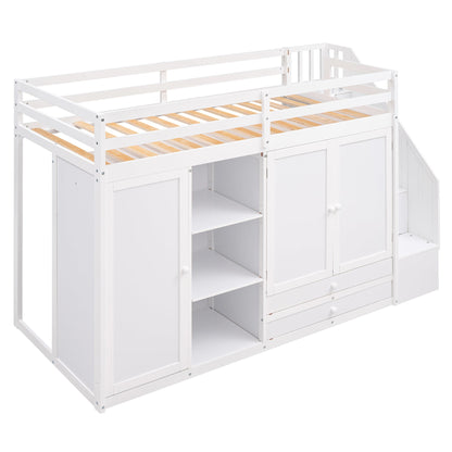 Functional Loft Bed with 3 Shelves, 2 Wardrobes and 2 Drawers, Ladder with Storage, No Box Spring Needed, White