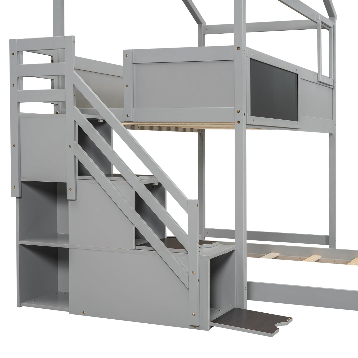 Twin over Full House Bunk Bed with Storage Staircase and Blackboard Gray