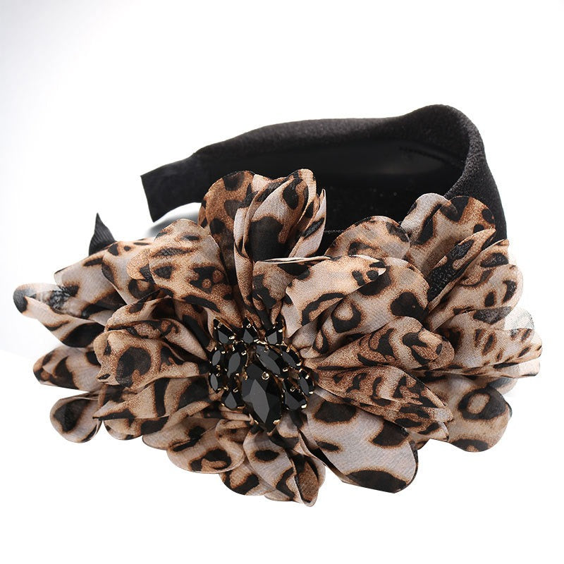 Handmade diamond inlaid fabric flower with teeth and anti slip exaggerated headband for women