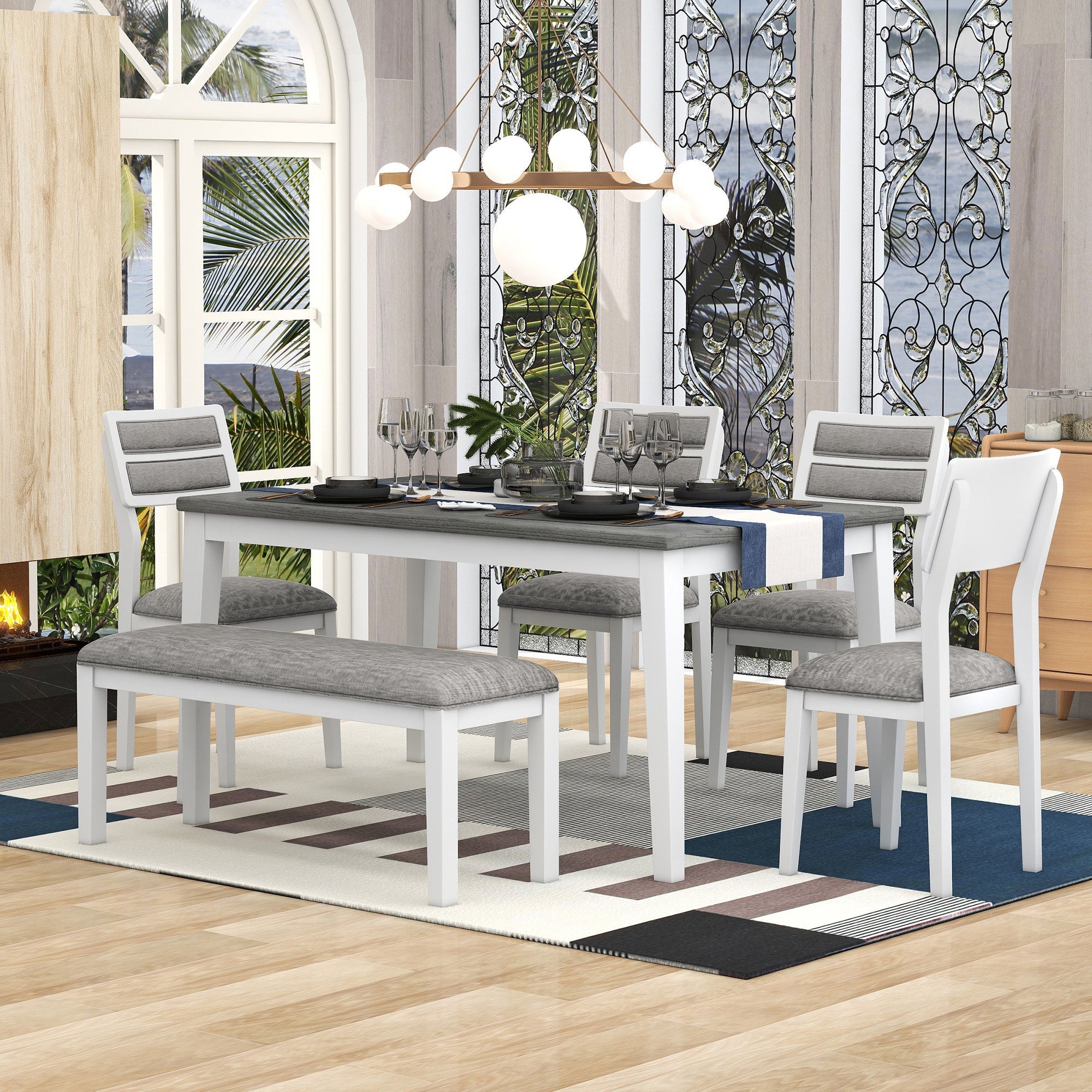 TREXM Classic and Traditional Style 6 - Piece Dining Set, Includes Dining Table  4 Upholstered Chairs &amp; Bench (White+Gray)