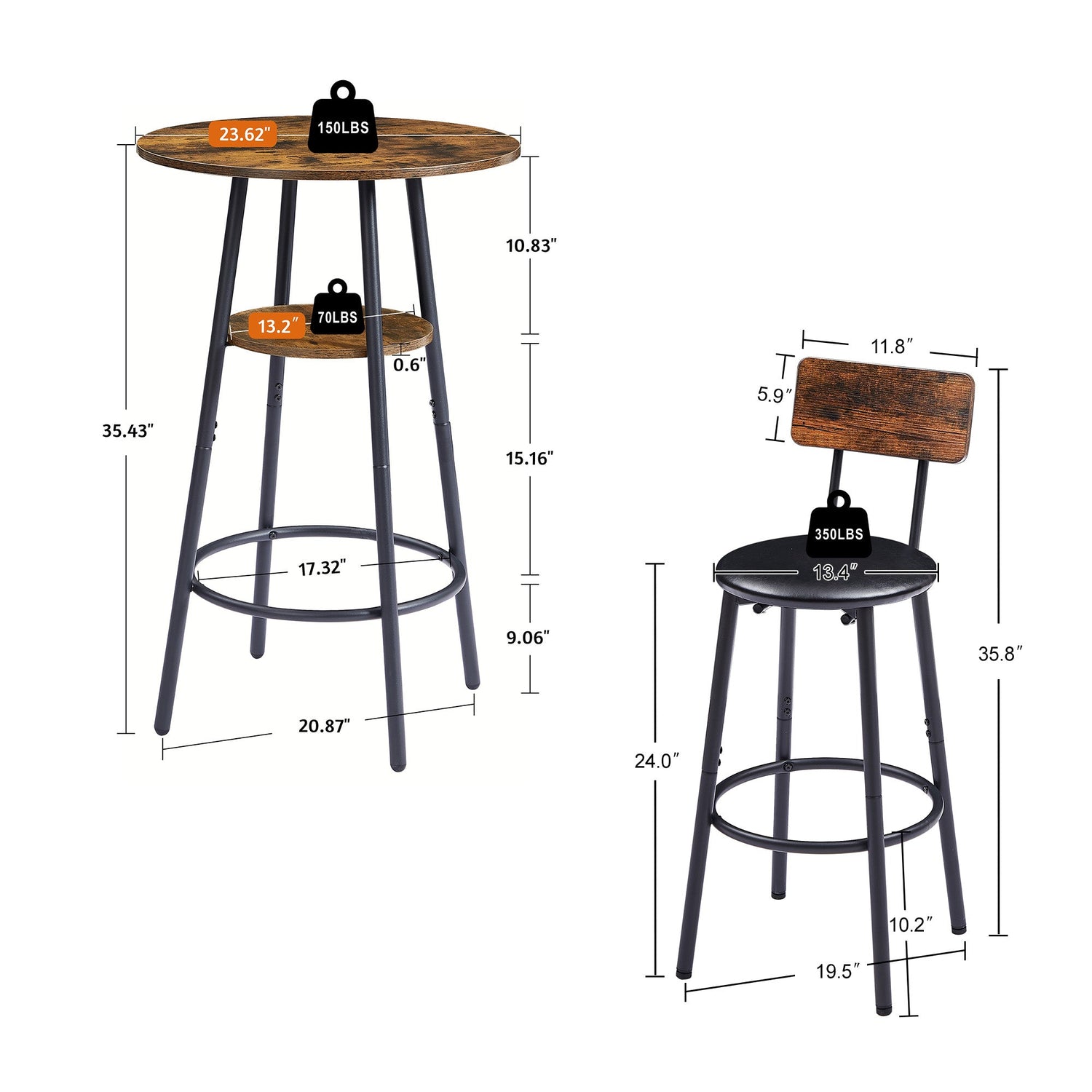 Round bar stool set with shelf upholstered stool with backrest Rustic Brown 23.62&
