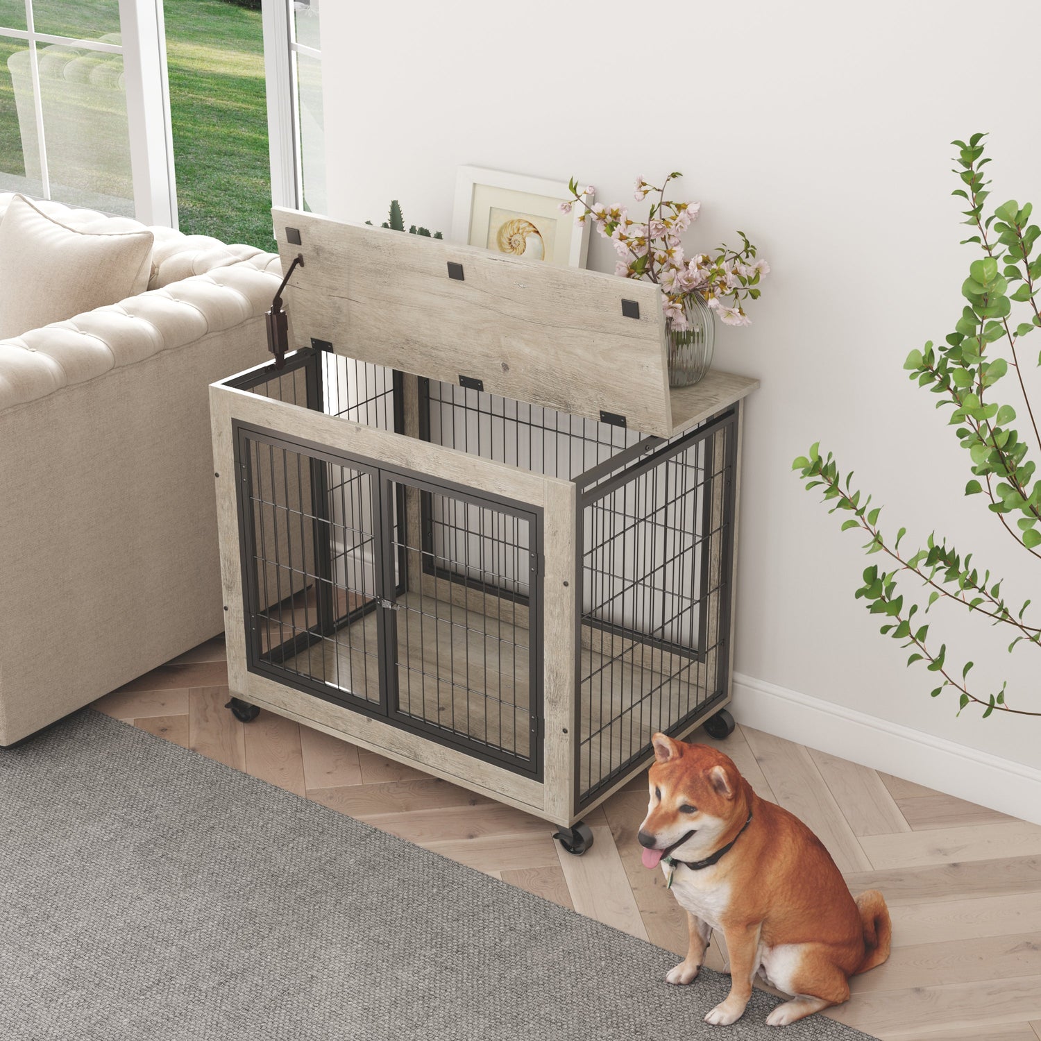 Furniture Dog Cage Crate with Double Doors on Casters. Grey, 31.50&
