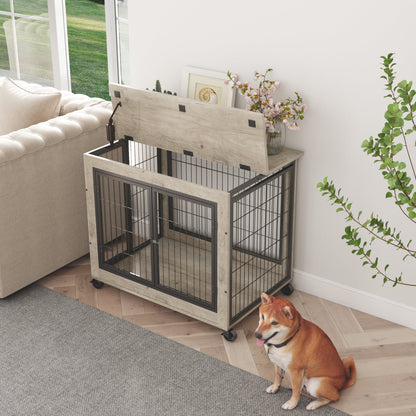 Furniture Dog Cage Crate with Double Doors on Casters. Grey, 31.50&