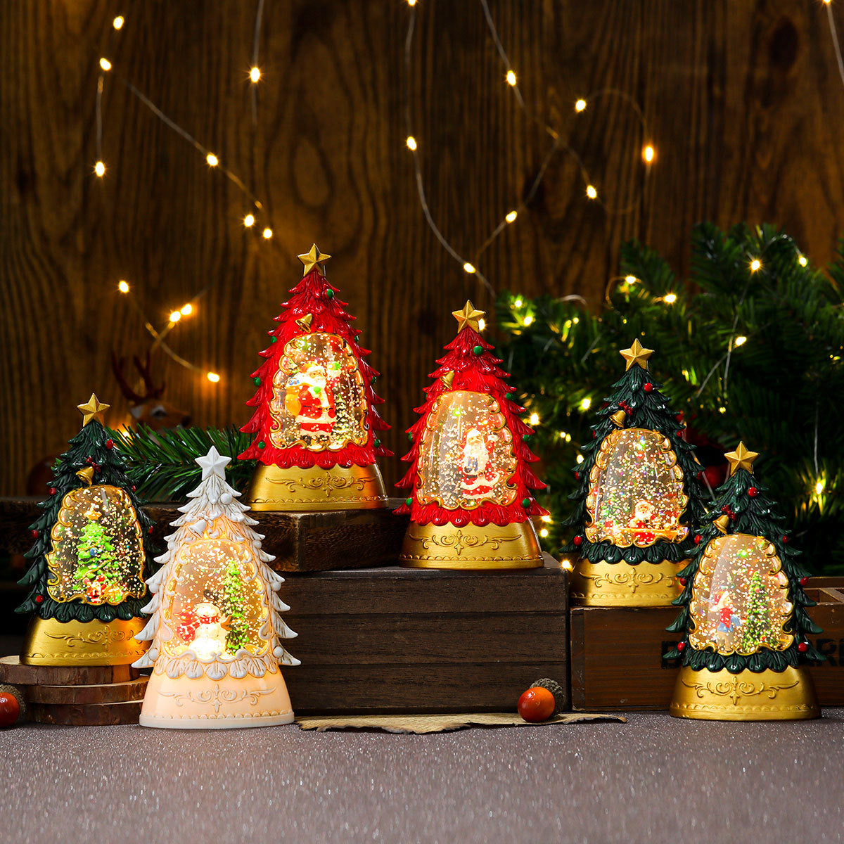 Christmas gifts, painted Christmas trees, glowing candles, oil lamps, children&