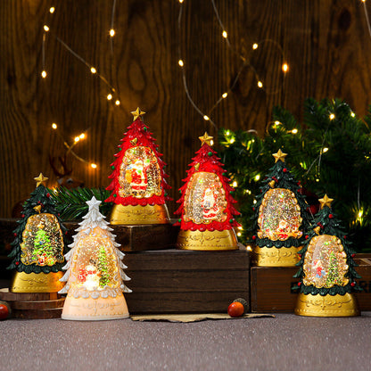 Christmas gifts, painted Christmas trees, glowing candles, oil lamps, children&