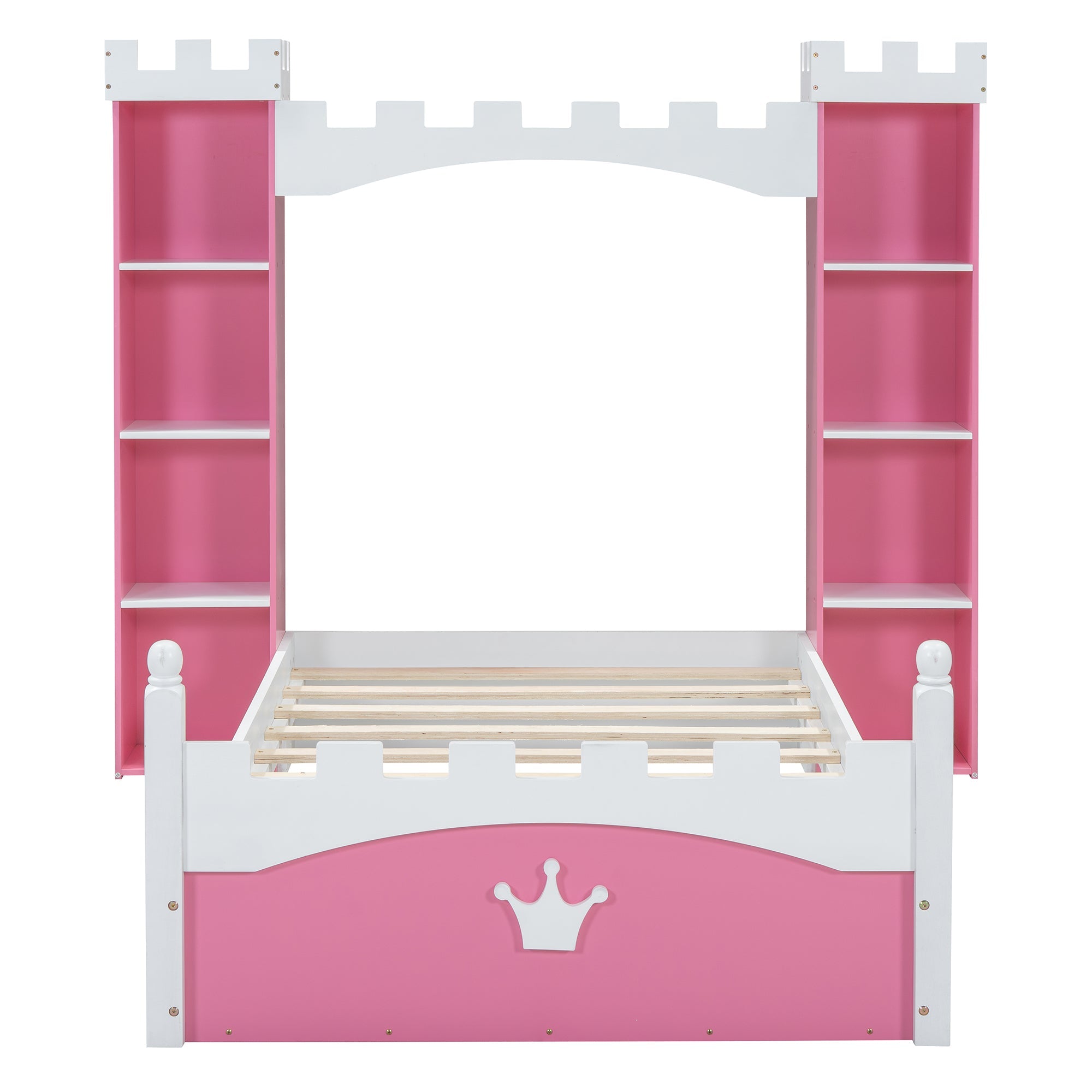 Castle-Shaped Wooden Bed with Storage Shelf, Dreamy Twin Size Platform Bed for Kids Bedroom, Pink+ White
