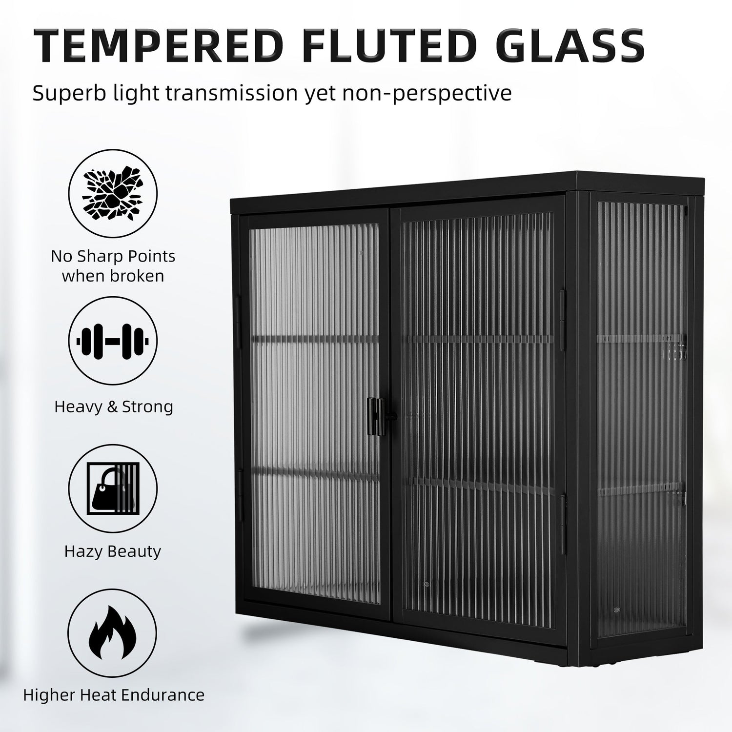 Retro Style Haze Double Glass Door Wall Cabinet With Detachable Shelves for Office Dining Room Living Room