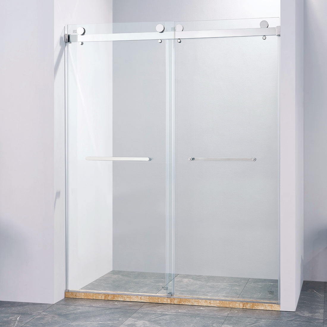 56-60 "wide x 75" high frameless double sliding shower door, 304 stainless steel chrome plated, 8mm thick SGCC tempered transpar