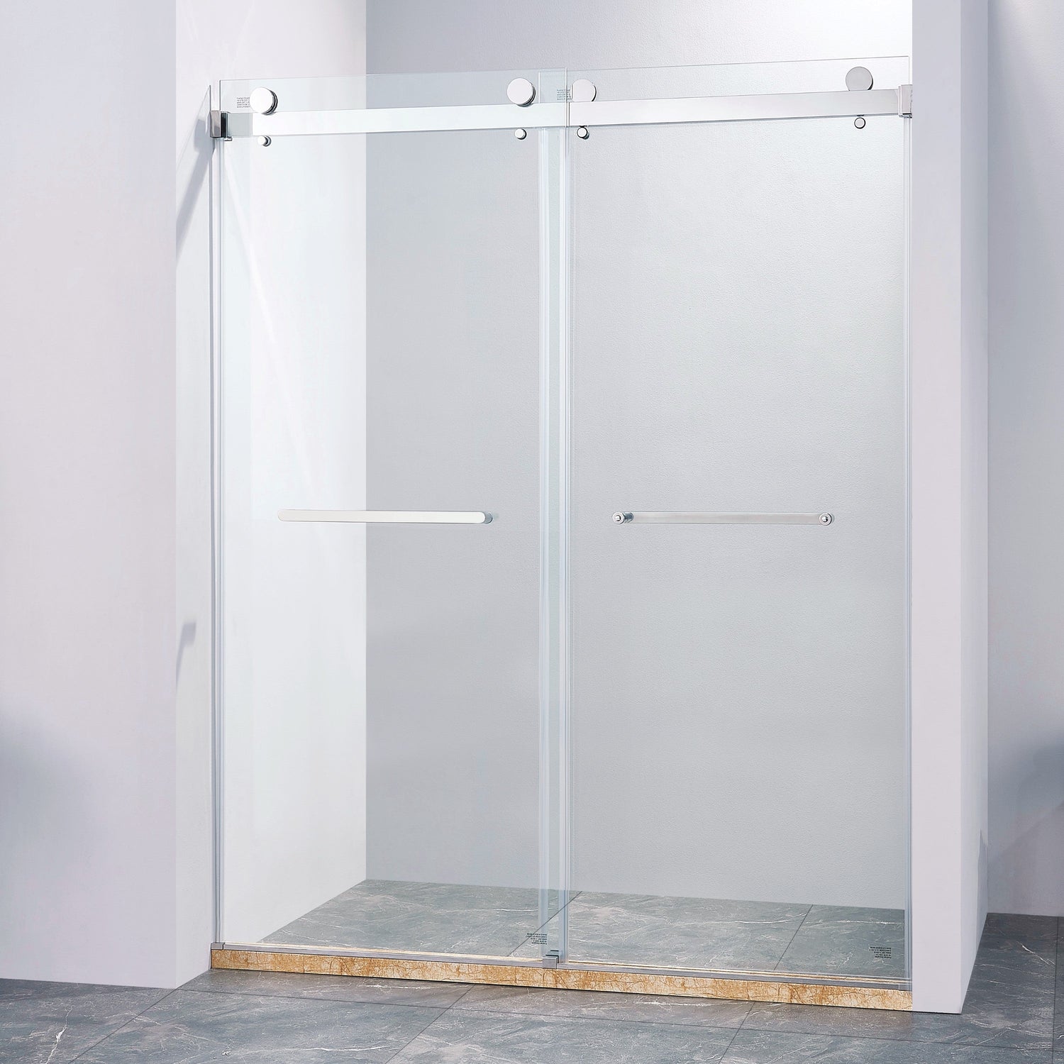 56-60 "wide x 75" high frameless double sliding shower door, 304 stainless steel chrome plated, 8mm thick SGCC tempered transpar