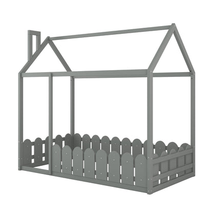 {Slats are not included}Twin Size Wood Bed House Bed Frame with Fence for Kids Teens Girls Boys {Gray}