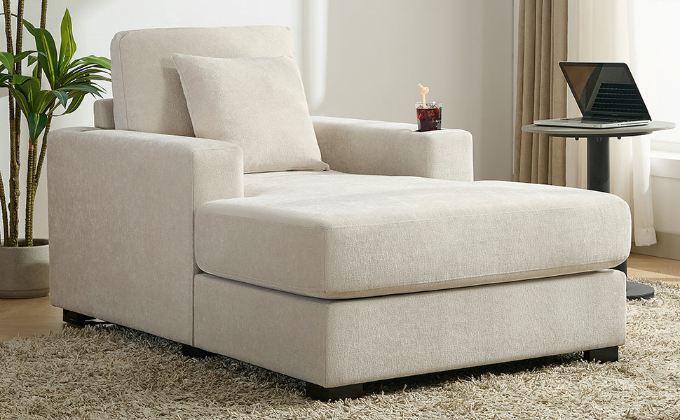 39.7" Oversized Chaise Lounger Modern Style Sofa Couch ,with Pillows, Charge Station &amp; Cup Holders, Chenille Fabric, Cream