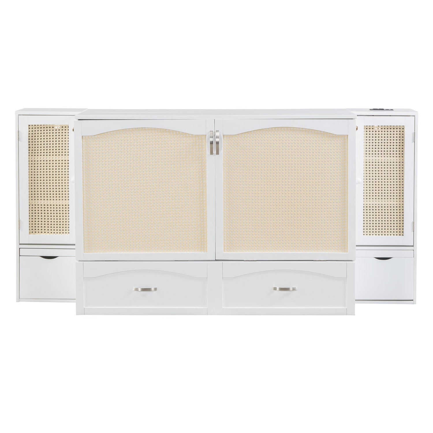 Large Murphy bed wall mounted bed with drawers, 2 storage cabinets, 1 set of sockets and USB ports, white