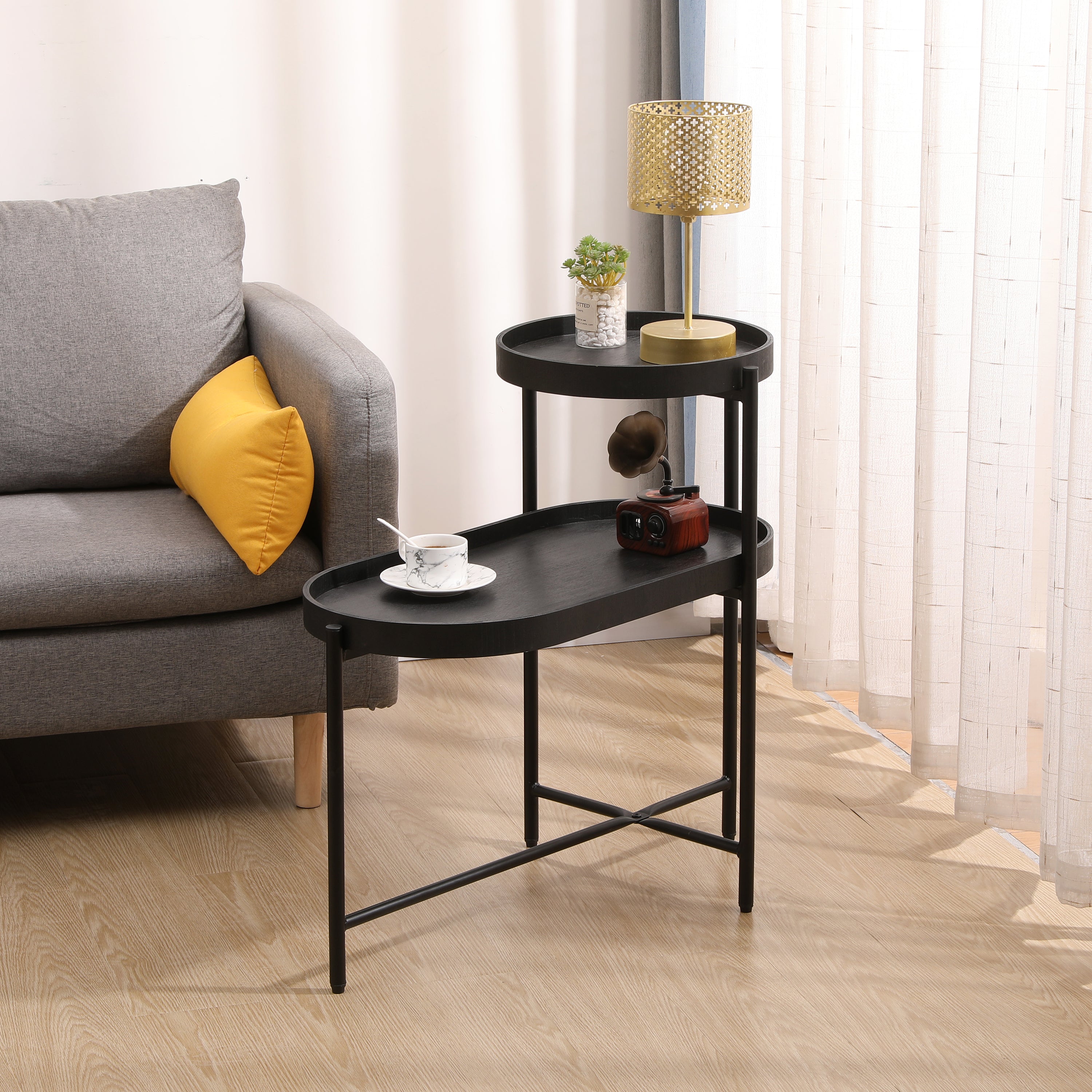 2-Tier Black Side Table with Storage Sofa Table for Living Room Metal Frame &amp; Wooden Desk End Table