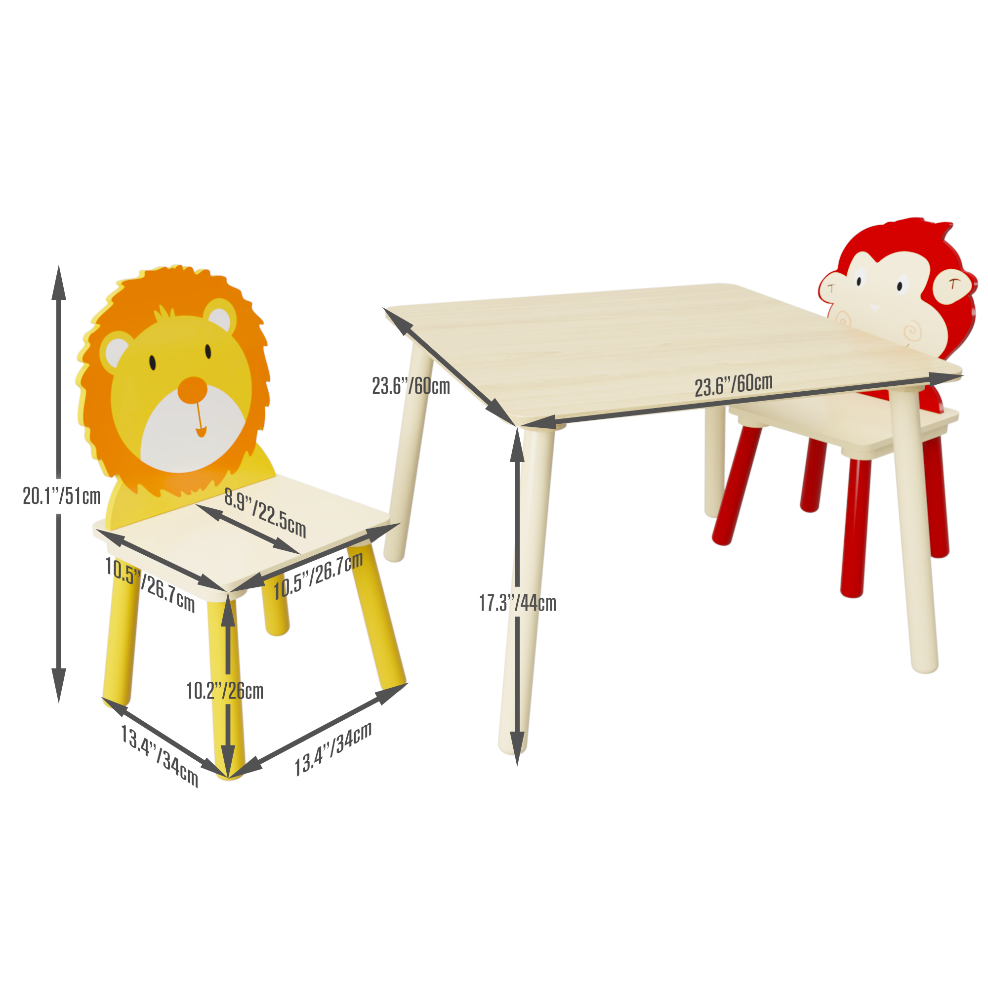 Kids Table and 2 Chairs Set 3 Pieces Toddler Table and Chair Set Wooden Activity Play Table Set (Lion&amp;Monkey)