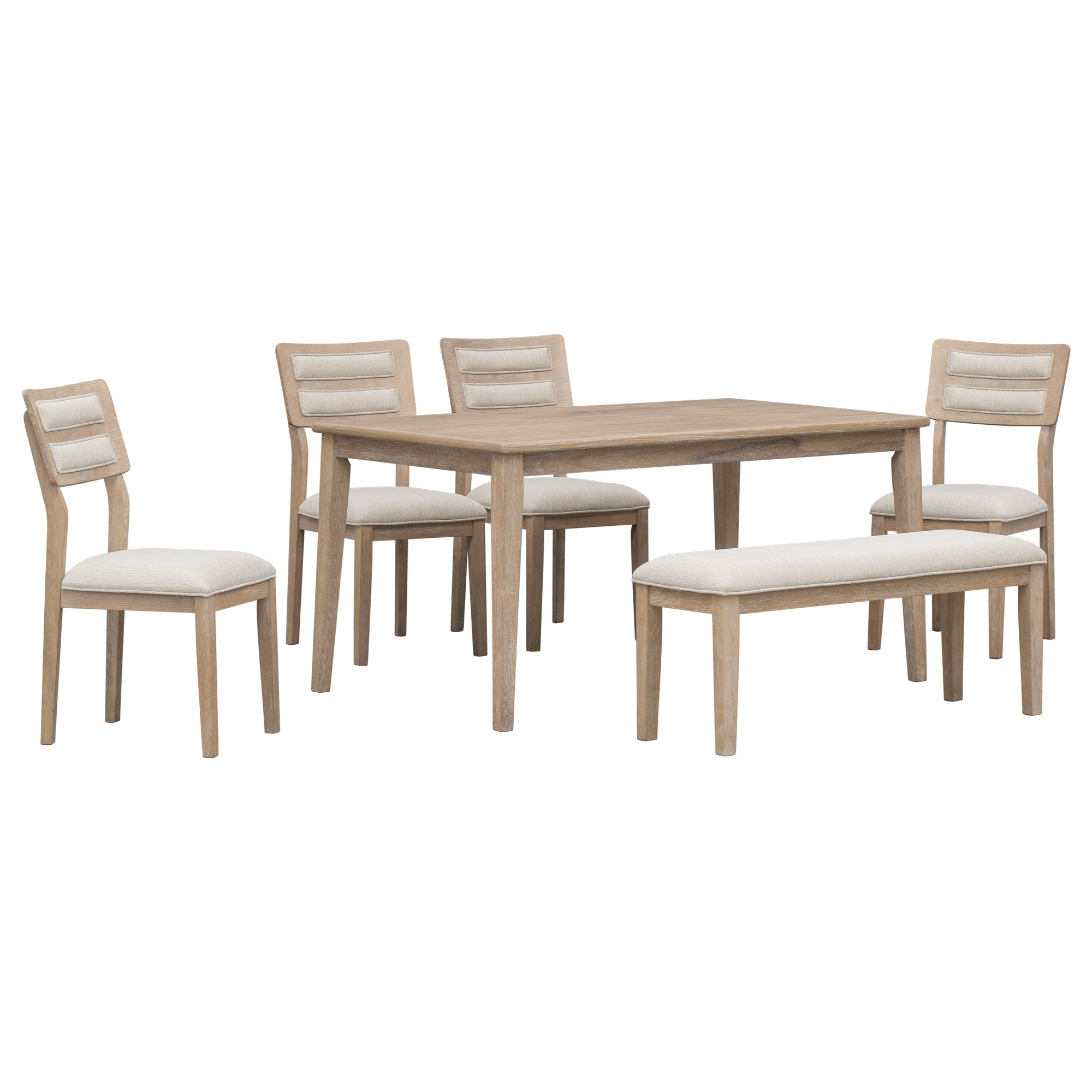 TREXM Classic and Traditional Style 6 - Piece Dining Set, Includes Dining Table, 4 Upholstered Chairs &amp; Bench (Natural Wood Wash）