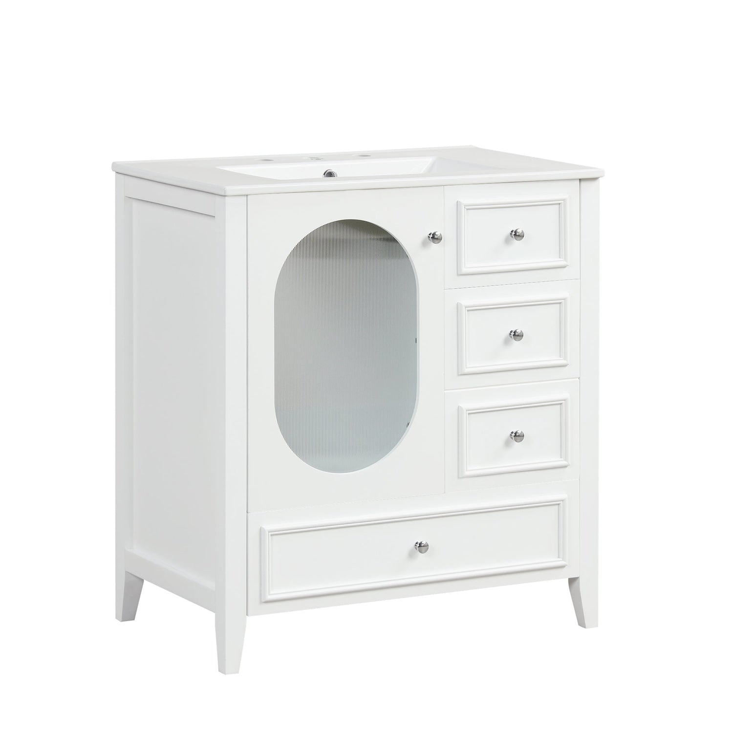 30" Bathroom Vanity with Sink, Bathroom Vanity Cabinet with Three Drawers and Door, Solid Wood and MDF, White