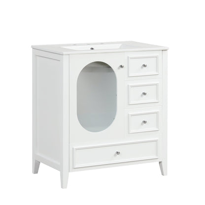 30" Bathroom Vanity with Sink, Bathroom Vanity Cabinet with Three Drawers and Door, Solid Wood and MDF, White