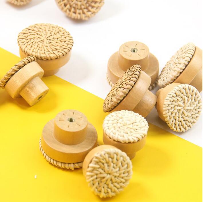 6pcs solid wood rattan handle rattan weaving handle rattan wood handle drawer circular wood handle