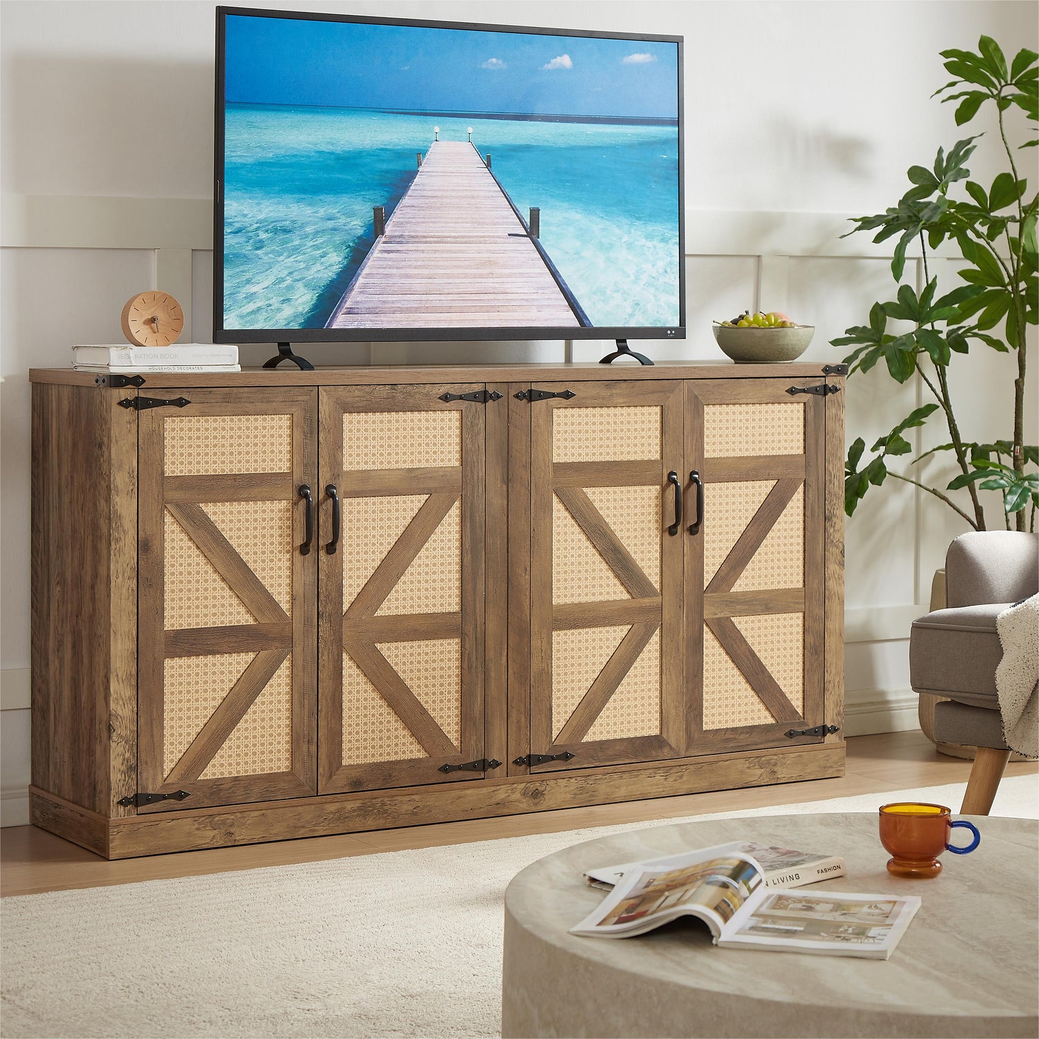 65-Inch Rustic Oak Color Faux Rattan Sideboard, Barn Door Rustic Style Sideboard, Living Room, Entryway, Bedroom