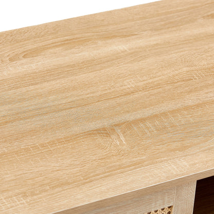 41.34" Rattan Coffee table sliding door for storage solid wood legs Modern table for living room  natural