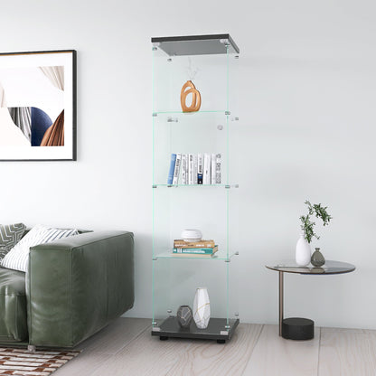 4 glass display cabinets with door shelves, floor standing antique bookshelf, 64.7 "* 16.7" * 14.3 ", black