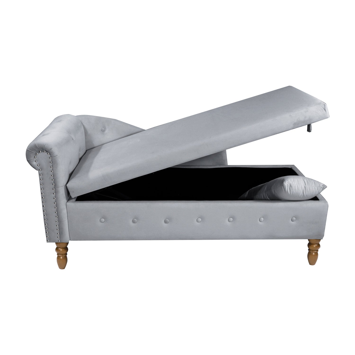 Grey Chaise Lounge Indoor Velvet Lounge Chair for Bedroom with Storage &amp; Pillow Modern Upholstered Rolled Arm Chase Lounge