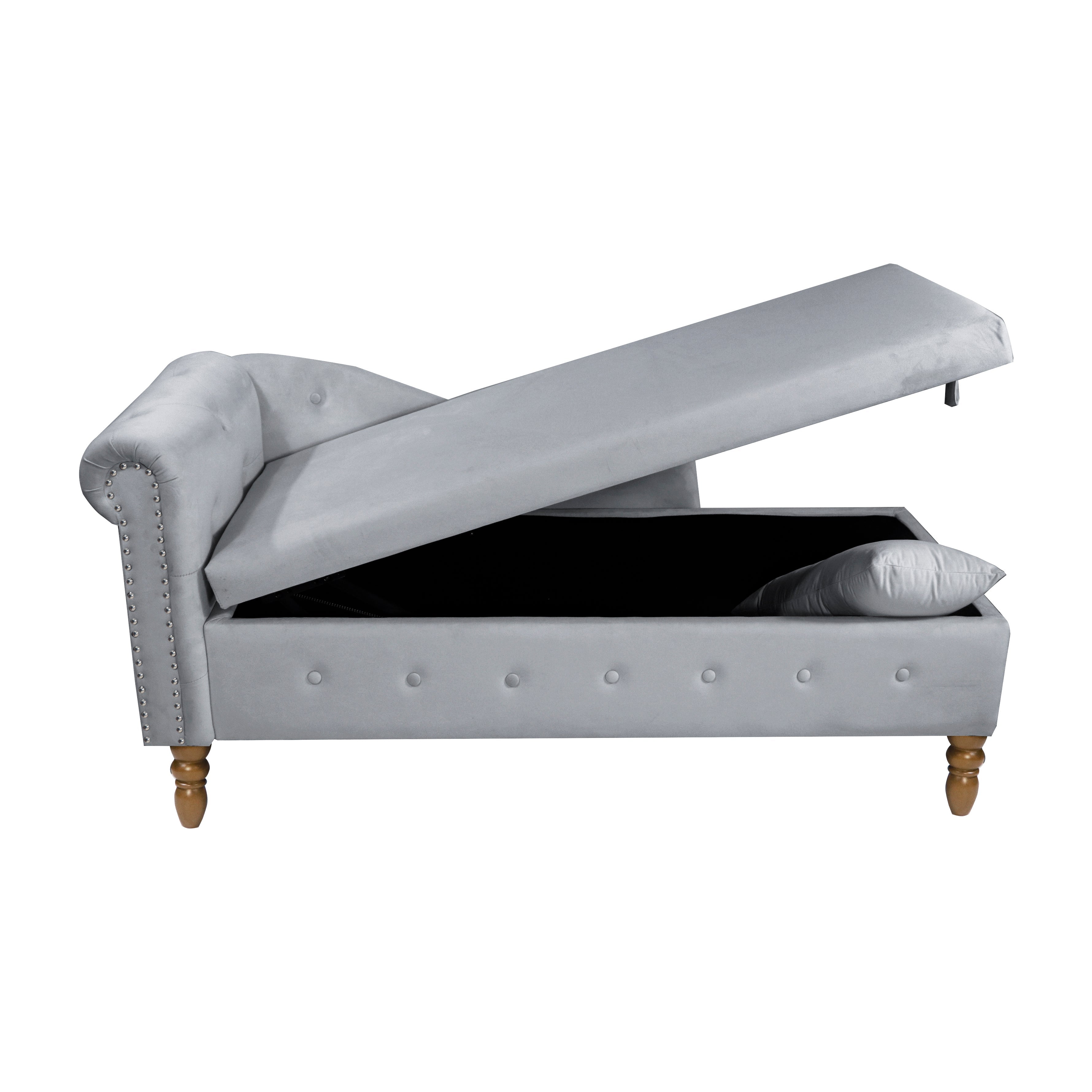 Grey Chaise Lounge Indoor Velvet Lounge Chair for Bedroom with Storage &amp; Pillow Modern Upholstered Rolled Arm Chase Lounge