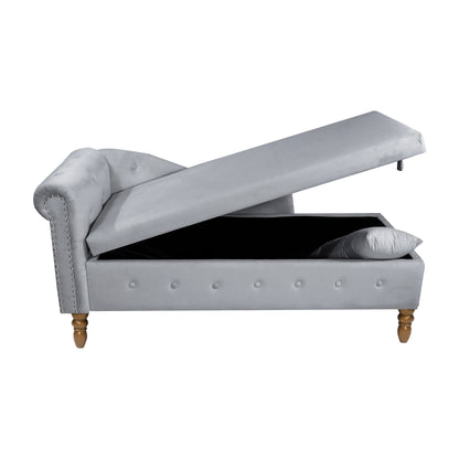 Grey Chaise Lounge Indoor Velvet Lounge Chair for Bedroom with Storage &amp; Pillow Modern Upholstered Rolled Arm Chase Lounge