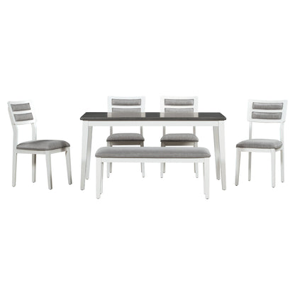 TREXM Classic and Traditional Style 6 - Piece Dining Set, Includes Dining Table  4 Upholstered Chairs &amp; Bench (White+Gray)